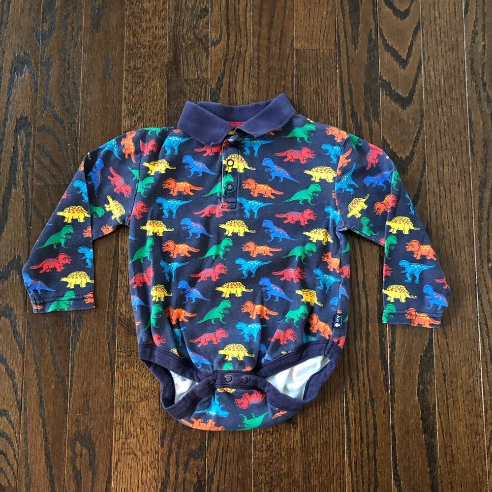 JoJo Maman Bebe Boys 2-3Y Blue Multi-Colored Dinosaurs Collared Long-Sleeve Polo